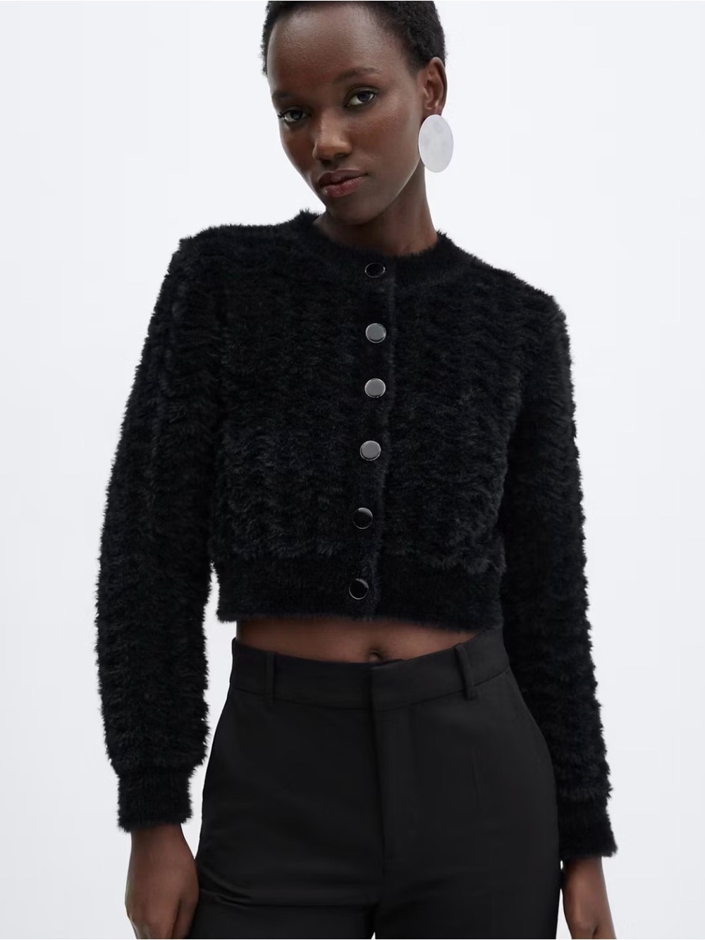 Mango Black Fuzzy Button-Front Cardigan